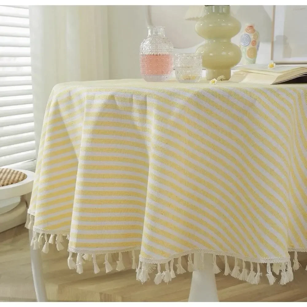 Meioro Round Tablecloth Stripe Tassel Table Cloth Cotton 60